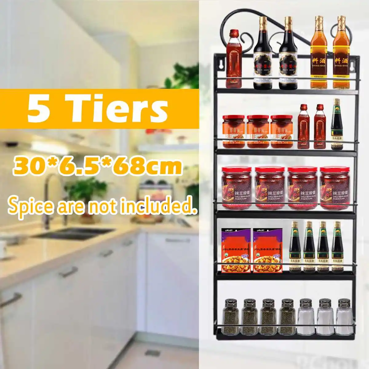 

5 Layers Iron Spice Rack Organizer Kitchen Wall Mount Storage Pantry Hanging Spice Jars Storage Holder Rack Kitchen Accessories