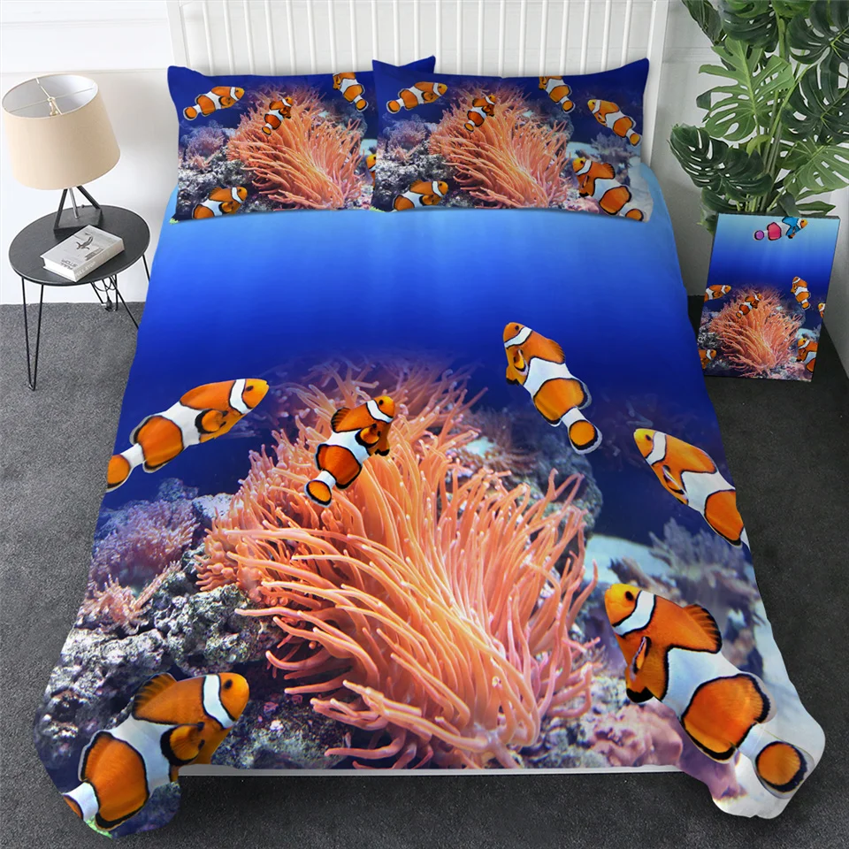 Постельные принадлежности Outlet Clownfish, Комплект постельного белья, 3D Океанский Коралл, пододеяльник, морская кровать, 3 предмета, синий темно-морской домашний текстиль, Прямая поставка