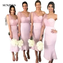 Облегающие платья для подружек невесты из розового атласа длиной до колена элегантные фатиновые Свадебные праздничные платья на одно плечо для женщин