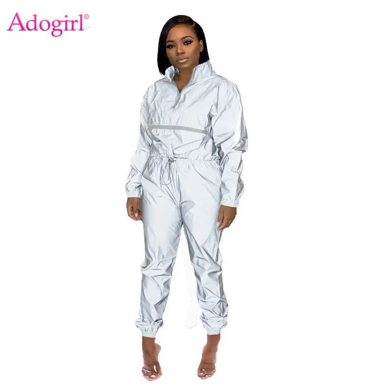 

Adogirl Women Fashion Reflective Two Piece Set Tracksuit Long Sleeve Sweatshirt Pullover Top Casual Pants Night Vision Suits