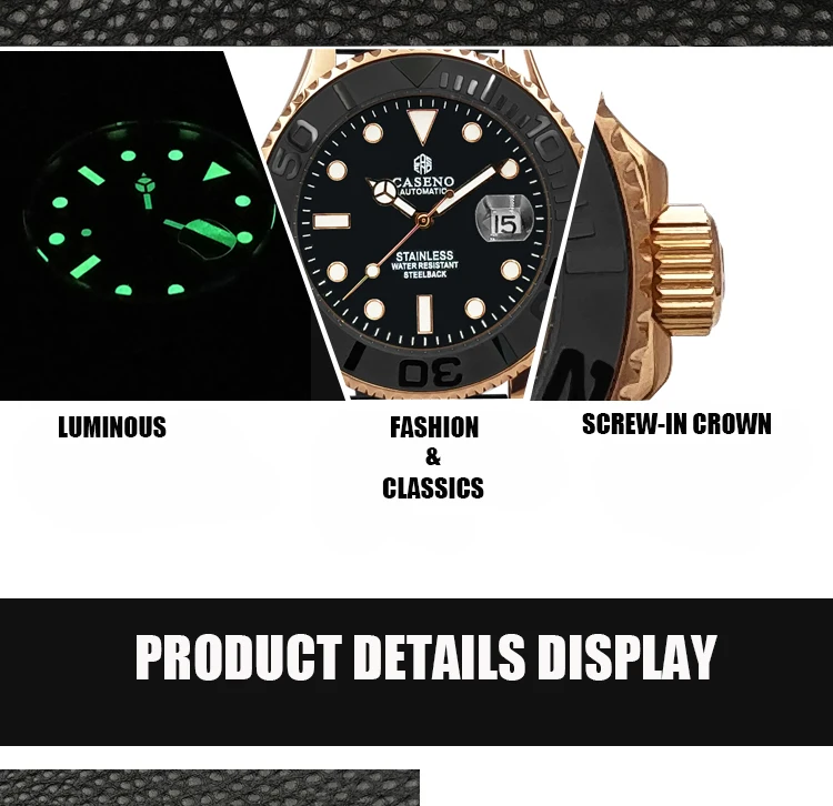 Automatic Mechanical Watch Men Top Luxury Brand Mens Watches Black Ceramic Outer Ring Gold Stainless Steel Silicone Watch CASENO