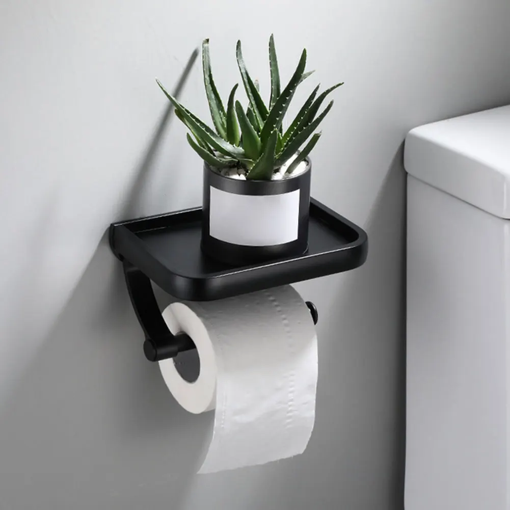 

Toilet Paper Holder Tissue Paper Wall Mounted Black Bathroom Holder With Phone Storage Shelf Paper Towel Holder Wc Accessories
