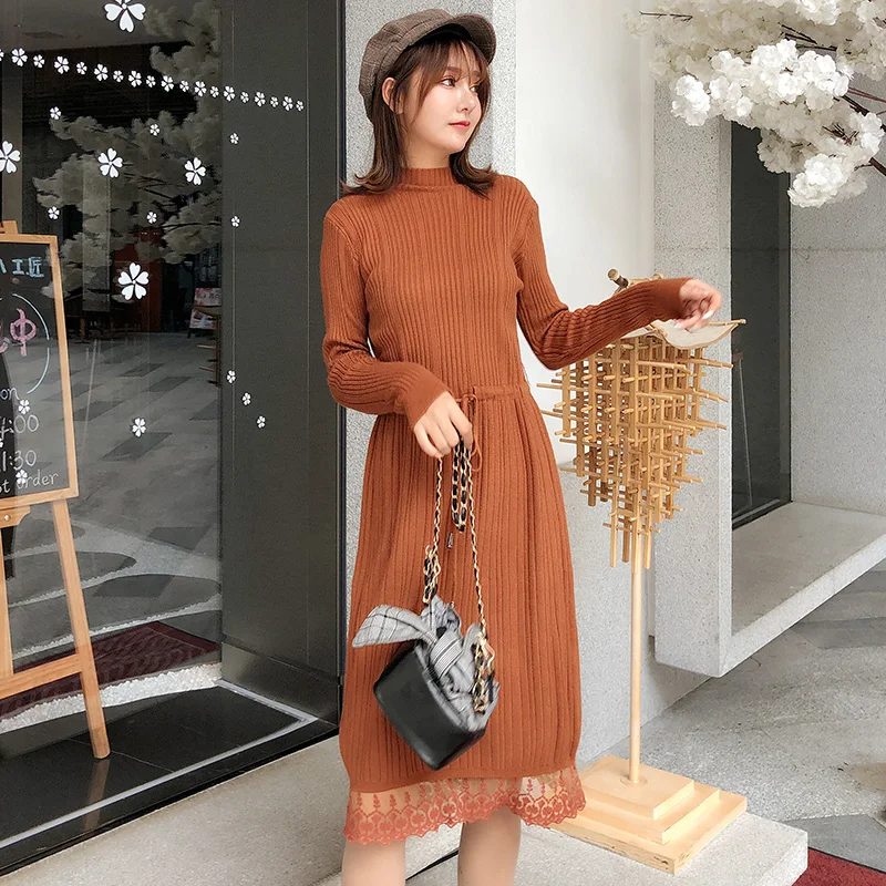 

Fashion Autumn Sweater Dress Women Sweaters Dresses Elegant Woman High Waist Knitted Lace Patchwork Dresses Sweaters Dress Women
