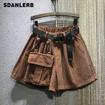 

2019 New Winter Elastic-Waist Loose Large Pockets Corduroy Shorts Wide-Leg Shorts Boots Trousers Women's European Fashion Shorts