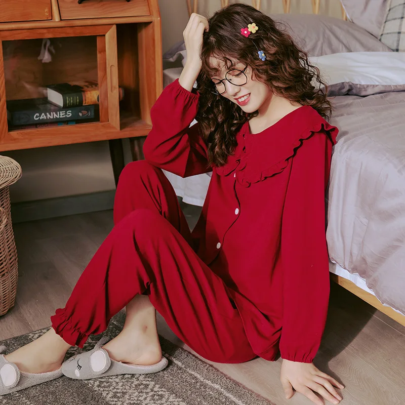 Женские пижамы из чистого хлопка Свадебные праздничные красные пижамные комплекты одежда для сна топ с длинными рукавами+ длинные штаны пижамы Домашняя одежда пижамы - Цвет: BFY1340