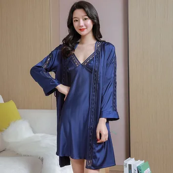 

Kimono Bathrobe Gown Women Satin Nightwear Sexy Robe Set Home Clothing Homewear Intimate Lingerie Hollow Out Sleep Set Sleepwear
