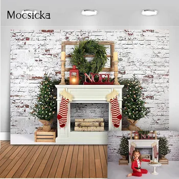 

Christmas backdrop White Fireplace Background for photo studio White Brick Wall Photography Background Christmas Tree photocall