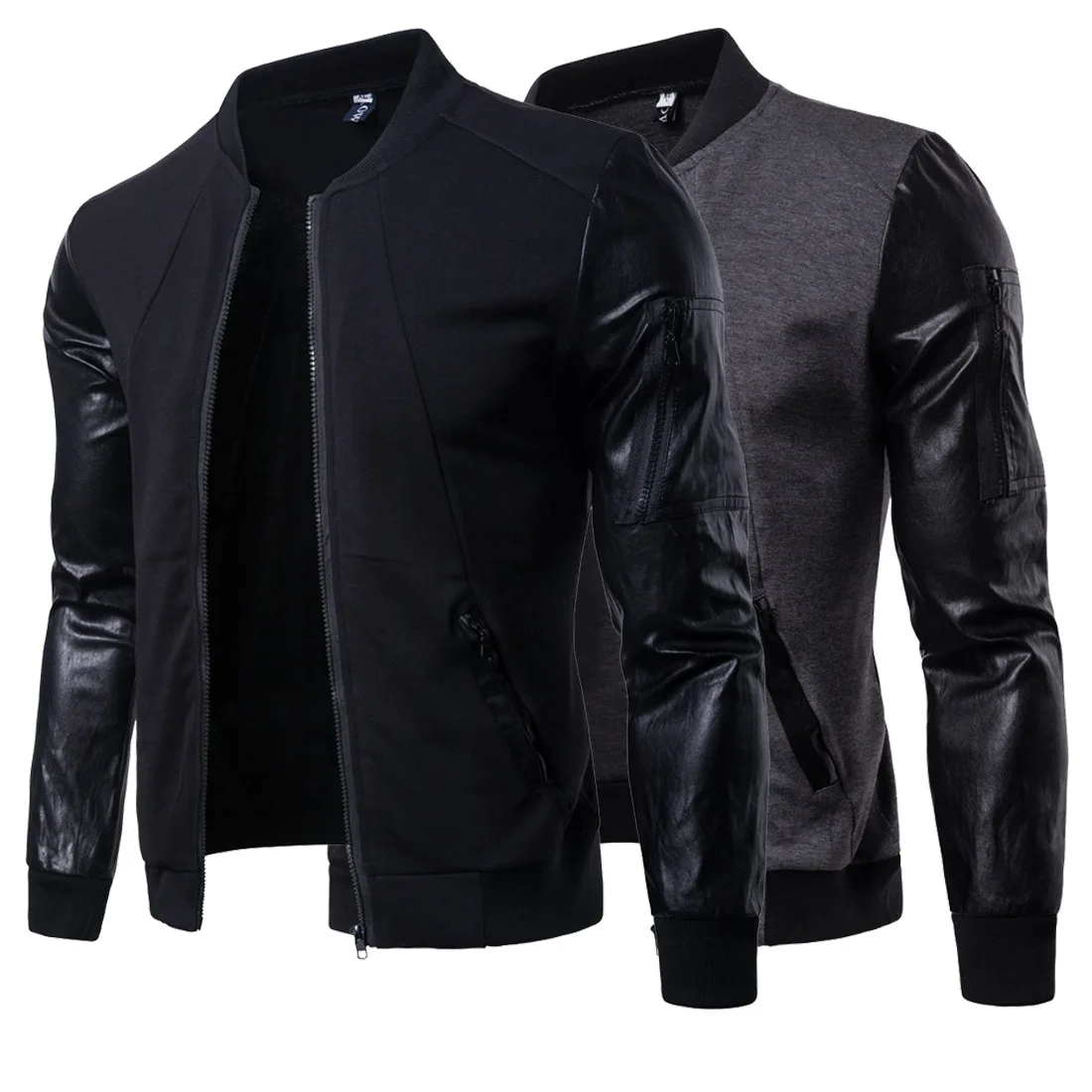 

2018 New Style Autumn England Elegant Men Stand Collar Jacket Leather Sleeve Joint Short Cardigan Foreign Trade Men'S Wear Y400