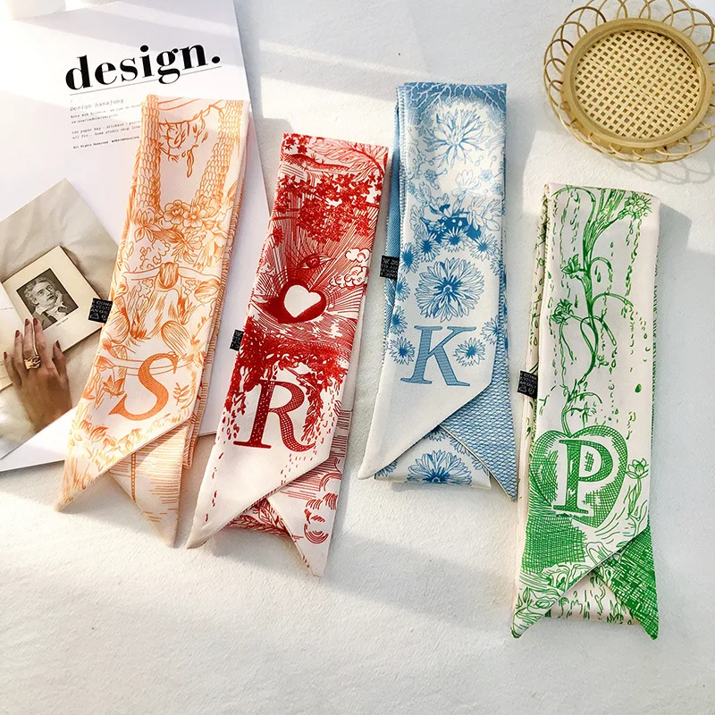 

100x6cm Satin Letter Print Small Scarf Women Riband Handle Bags Scarf Fashion Hair Band Scarves Wraps Narrow Long Wrist Ribbon