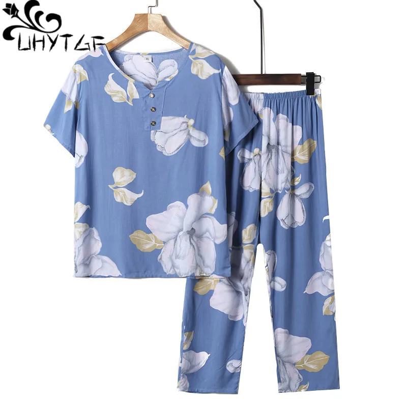

UHYTGF Womens Tracksuit Soft Cotton Silk Middle-Aged Elderly Mom Thin Suits Casual Summer Two-Piece Set Female 4XL Big Size 1375