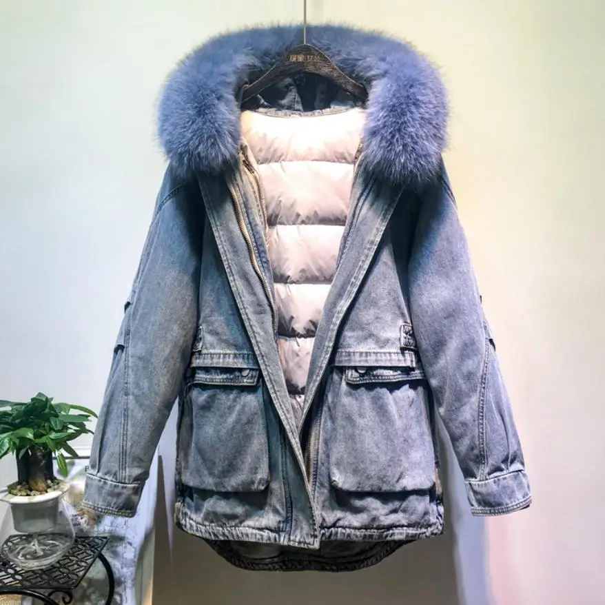 blue blue fur Зимние толстые теплые парки с подкладкой из 90% натурального меха, женские оригинальные Пуховики с воротником из натурального Лисьего меха и капюшоном F794 - Цвет: blue blue fur