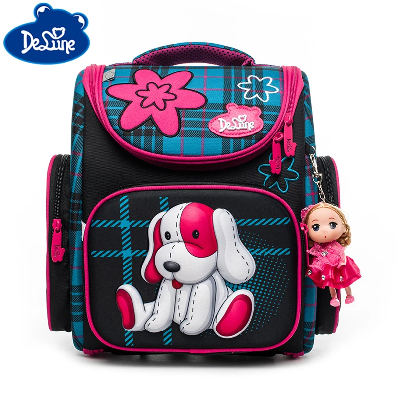 Delune Children Orthopedic Backpacks For Girls Cartoon Dog Pattern School Bags Backpack Mochila Infantil Grade 1-3