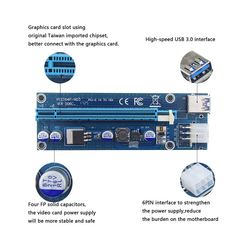 Pci-E Riser Pci E Express 1X To 16X Riser Card Usb 3,0 Pci-E Sata To 6Pin кабель питания для Btc Bitcoin Mining Antminer
