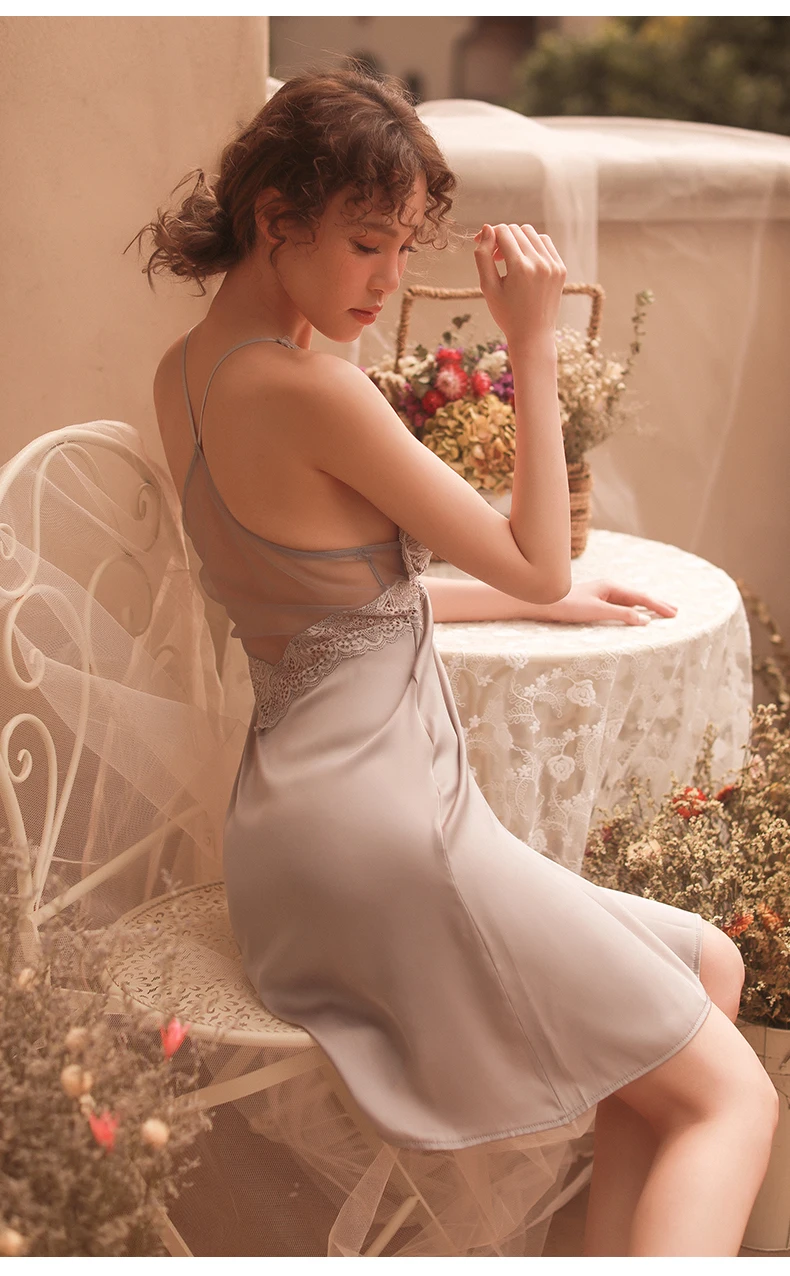 Эротическое женское мягкое удобное полиэфирное кружевное ночное белье Летняя шелковая ночная рубашка с v-образным вырезом пикантные