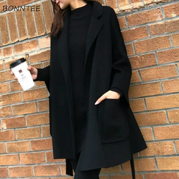 

Blends Women Korean New Fashon Spring Thin Elegant Pure Black Classic Casual Sashes Daily Lady Chic Outerwear Vintage Oversize