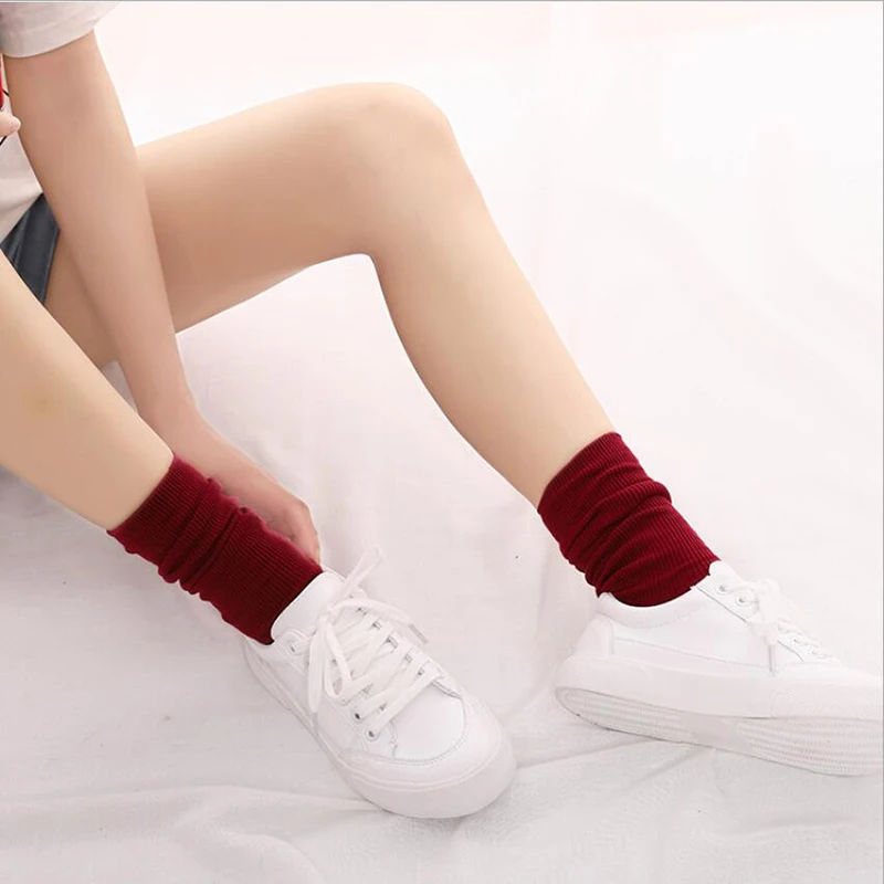 Высокие носки в японском Корейском стиле для девочек, свободные однотонные носки с двойными спицами, Длинные хлопковые носки для женщин