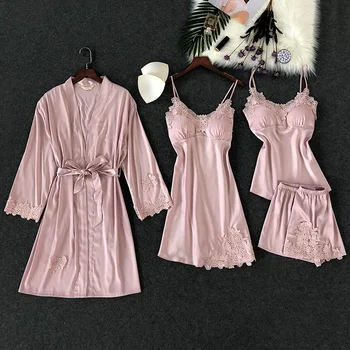 

Genuine Pearl Diary summer pajama sets for women stain Polyester 6 colors solid 4 piece pajamas homewear home set sleepwear 2020