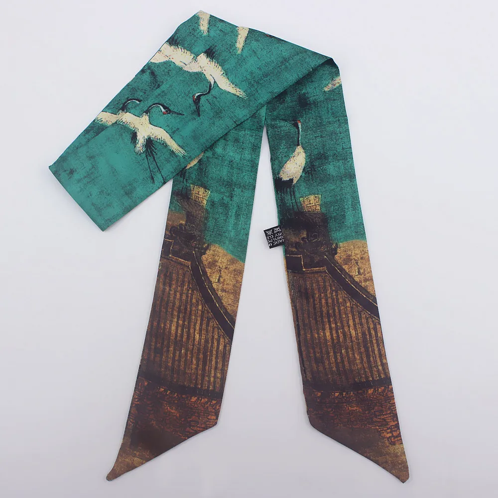 2020 New design Woman Silk Scarf Chinese Painter Famous Painting Crane Landscape printed Head Green Bag Ribbons Tie |