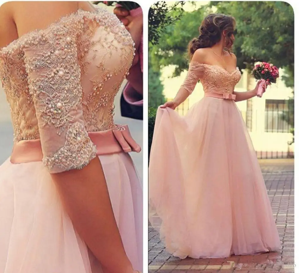 Off-de-Schouder Half Sleeve Avondjurken 2020 Roze Kant Applicaties Kralen Peals Ruches Tulle Prom Dresses Lange plus Size Off-de-Schouder Half Sleeve Avondjurken 2020 Roze Kant Applicaties Kralen Peals Ruches Tulle Prom Dresses Lange plus Size