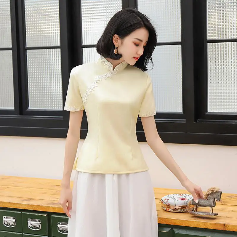 Новинка, китайское традиционное вечернее платье Cheongsam, летняя Новинка, повседневная одежда, костюм, атласный комплект для женщин, Qipao Vestidos - Цвет: Цвет: желтый