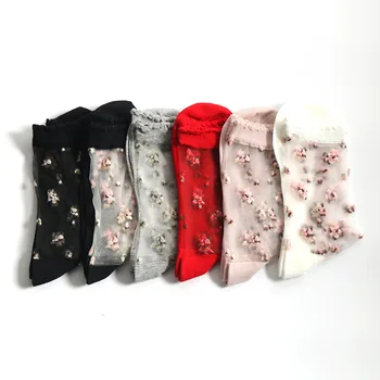 

1Pair Rose Flower Pattern Transparent Lace Cotton Blended Crystal Silk Breathable Elastic Short Socks for Summer for Women