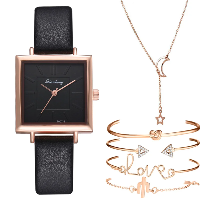 

6 шт./комплект, женские кварцевые часы с браслетом и ожерельем