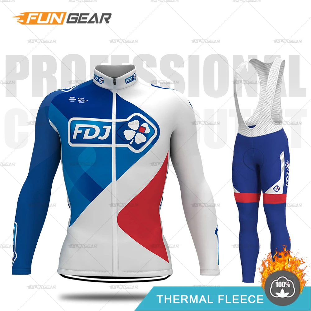 FDJ, зимний комплект из Джерси с длинным рукавом для велоспорта, профессиональная команда, одежда для велоспорта, Теплая Флисовая одежда для горного велосипеда, Мужская одежда для шоссейного велосипеда - Цвет: BIB SET