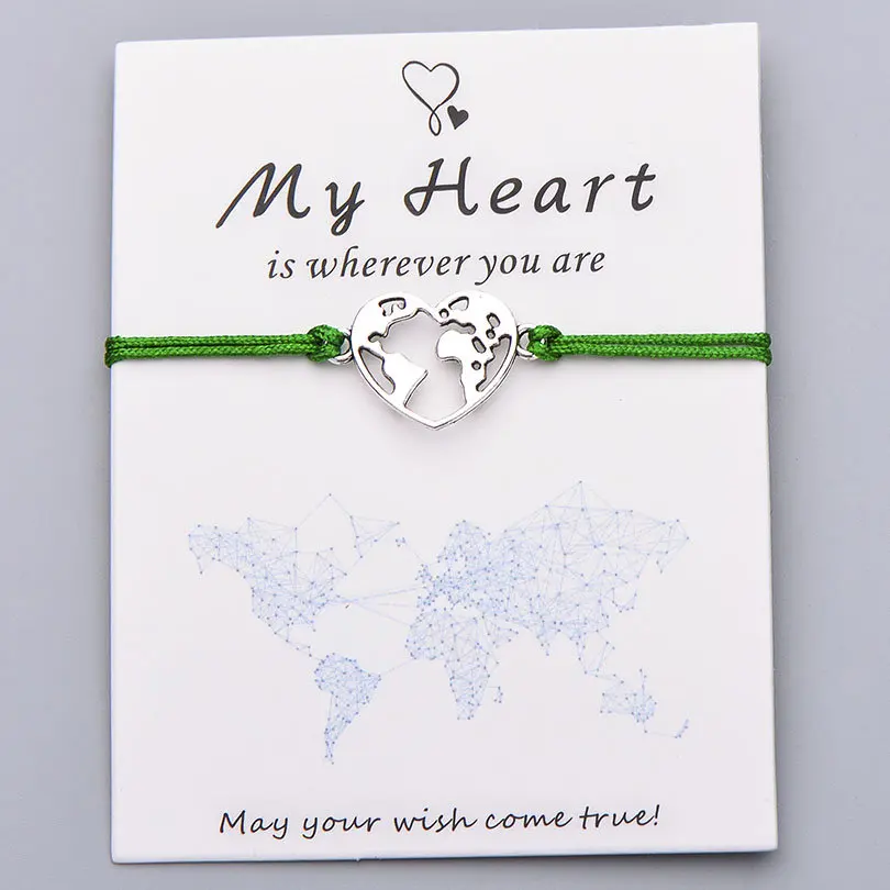 Pipitree Lucky My Heart карта мира браслет ручной работы регулируемая красная струна Очаровательные Браслеты Wish ювелирные изделия подарок для женщин мужчин влюбленных - Окраска металла: dark green with card