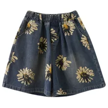 

2022 New Summer Women Flower Wigh Leg Jeans Shorts Casual Female High Waist Loose Fit Blue Denim Shorts