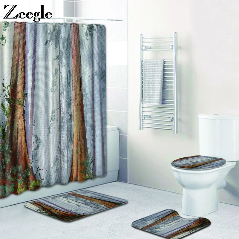 Zeegle 4Pcs Bath Mat Set Shower Curtain Anti Slip Bathroom Foot Mat Toilet Pedestal Rug Absorbent Toilet Seat Cover Toilet Set