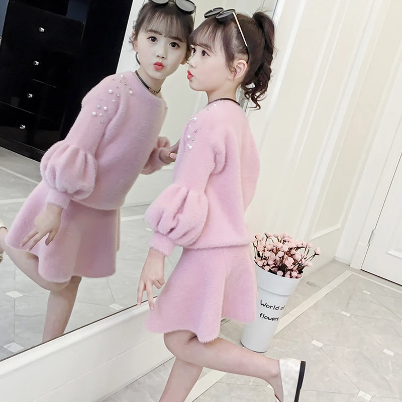 

Beading Sweater Kids Outfits Clothing Set Autumn Spring Winter Teen Girls Knit Skirts Sets 2 Pieces Set Red Pink Tops Skirt Suit