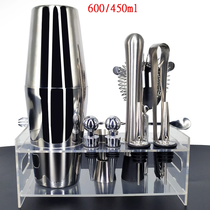 12Pcs 600 450ml Rack Барный коктейль-шейкер из нержавеющей стали 750 мл/600 мл, набор барной посуды, набор шейкеров с деревянной стойкой, аксессуары для бара, домашние бары - Цвет: 12Pcs 600 450ml Rack
