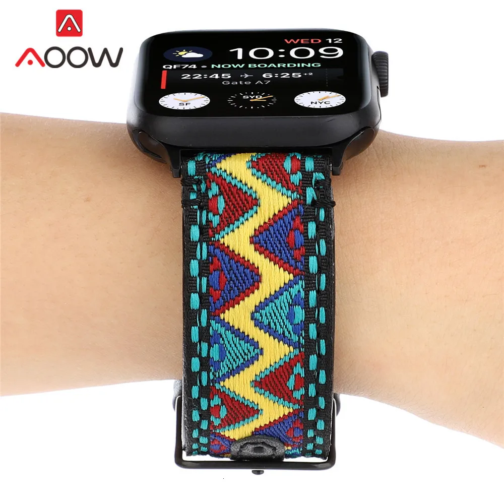 Нейлоновый Плетеный народный стиль ремешок для часов для Apple Watch 40 мм 44 мм 38 мм 42 мм кожаный браслет ремешок аксессуары для iwatch 1 2 3 4