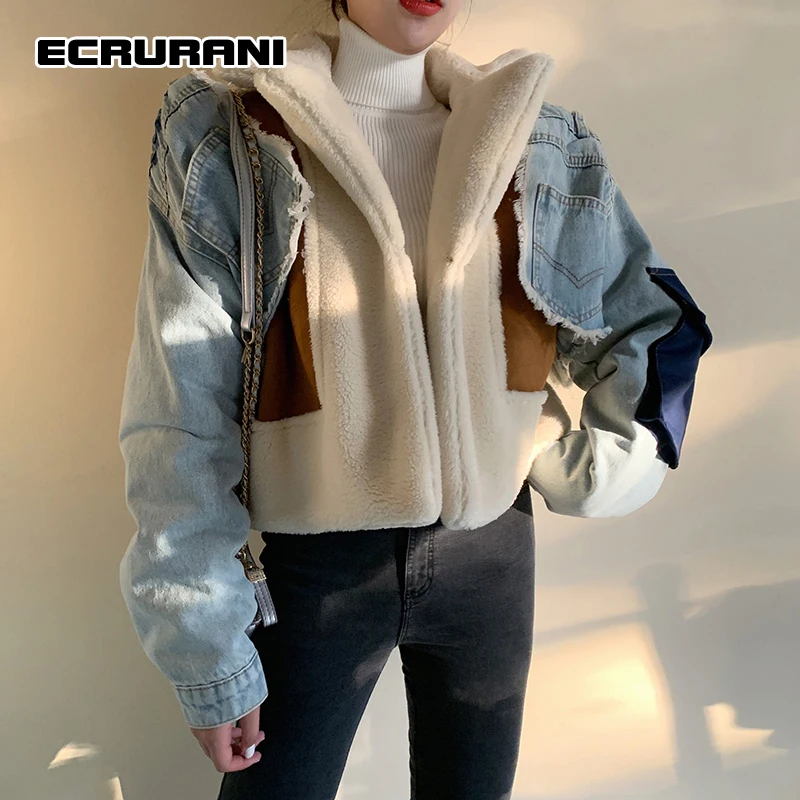 ECRURANI Colorblock Patchwork Denim Coat Female Lapel Collar Long Sleeve Pockets Short Coats For Women 2021 Winter Clothing New european style fashion jeans demin jumpsuit women hole destroyed denim pants 2021 stand pockets jeans sexy ripped overalls femme