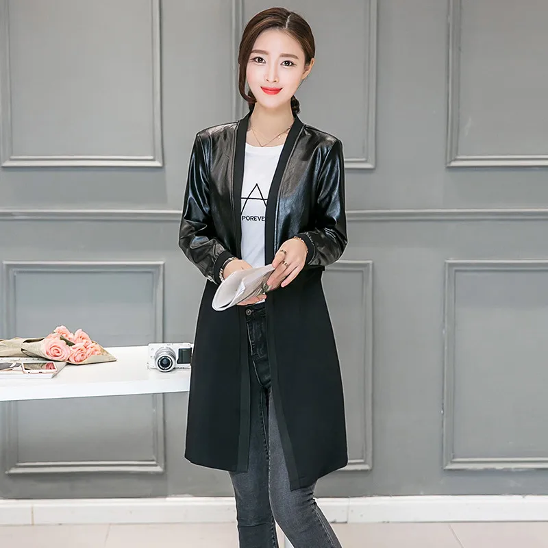 UHYTGF Spring leather jacket female fashion splice leather cardigan coat Long sleeve black Slim women's jacket Big size top 463