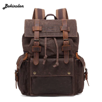 

Bokinslon Large Capacity Backpack Male Fashion Canvas Oil Wax Bag Outdoor Travel Backpack Men Waterproof Bag
