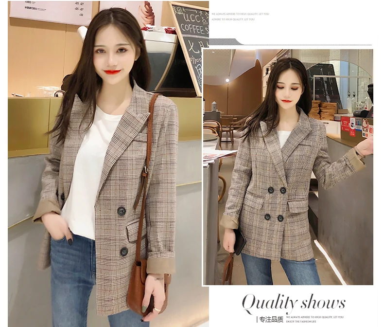 Womens Blazers Check Suit Jacket Woman Spring and Autumn New Korean Long Loose Slim Casual British Style Suit Jacket Woman