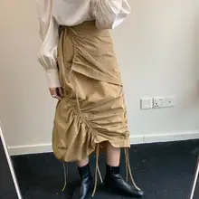 Шикарная, высокая талия, тонкая, сплошной цвет, складка, Халаза, дизайн, белая, нерегулярная, половина тела, юбка для женщин, корейский стиль, волна 5D192