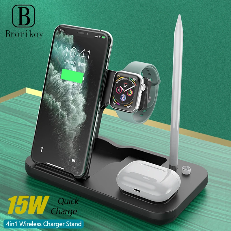 Supporto Pieghevole Per Caricabatterie Wireless 4 In1 15W Per Apple Watch 5 4 3 2 Iphone 11 Airpods Pro Pencil Supporto Di Ricarica Wireless Multifunz
