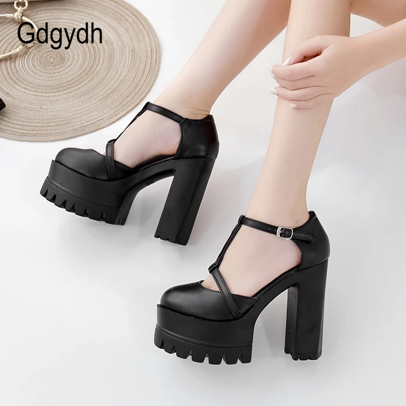 Gdgydh Spring Autumn Ankle Strap Buckle Women Pumps Black Thick High Heeled Shoes Female Single Shoes Shallow Out Soft Leather