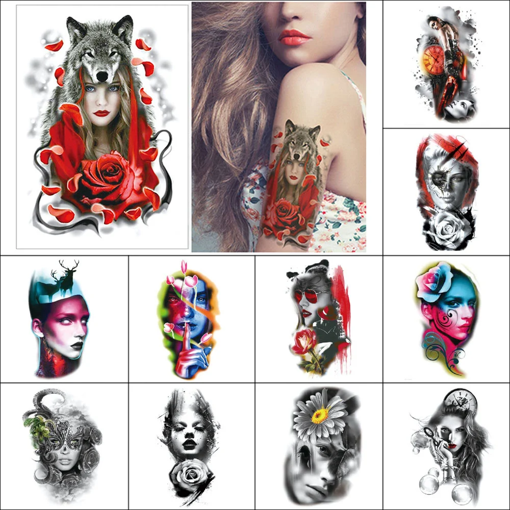 Женская временная татуировка, цветок, человеческое лицо, Снежная лиса, Бабочка, аранейд, акварельная татуировка, черные, белые, водонепроницаемые временные татуировки