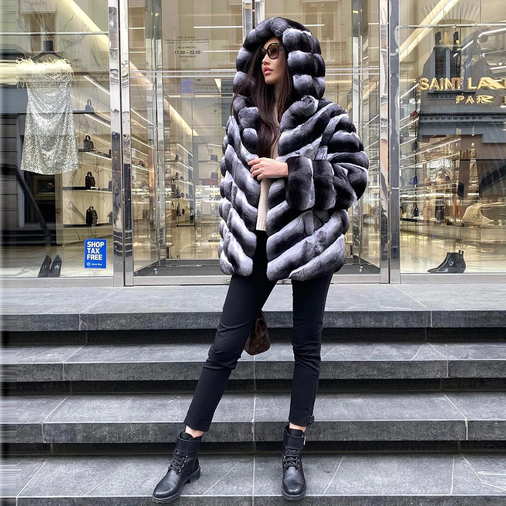 2022 Fashion Women Real Fur Coat Winter New Full Plet Genuine Rex Rabbit Fur Jacket Chnchilla Color Trendy Fur Overcoat Luxury