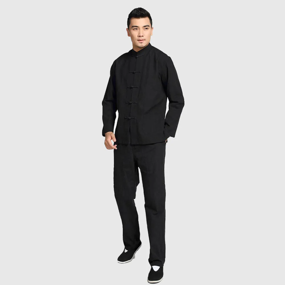Китайский мужской однотонный костюм кунг-фу, хлопок, свободные комплекты Wu Shu Tai Chi, куртка и брюки размера плюс M L XL XXL 3XL 4XL