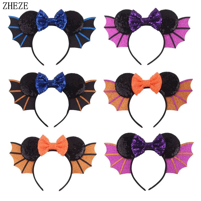 6Pcs/Lot NEW Halloween Festival Headband Bat Wings Party Sequin Bow Hairband for Girl Woman DIY Boutique Party Hair Accessories