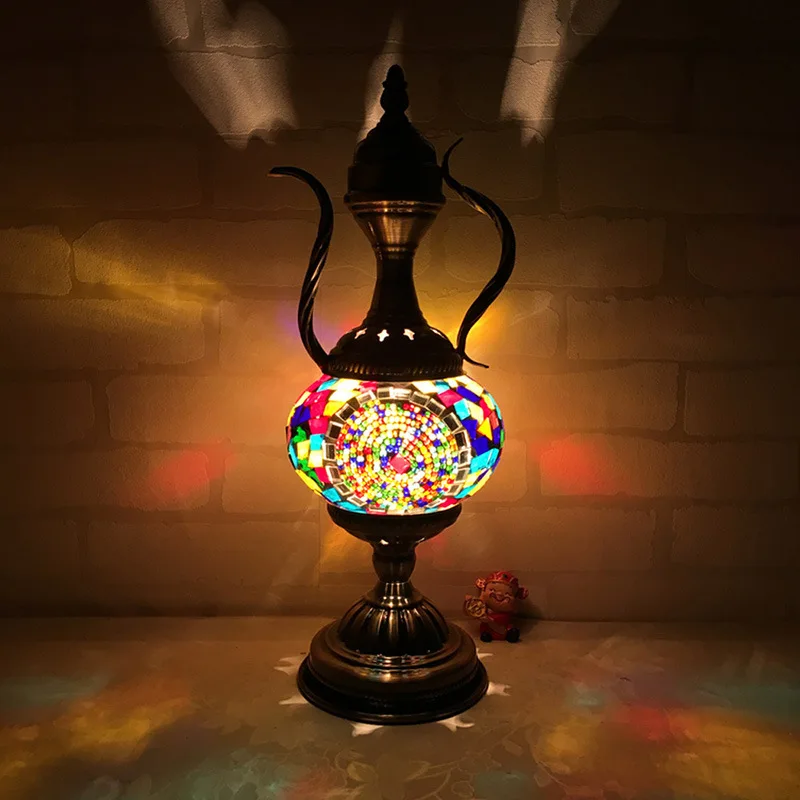 Turkish Style Exotic Retro Glass Decorative Table Lamp Coffee Pot Living Room Bedroom Bedside Led Night Light
