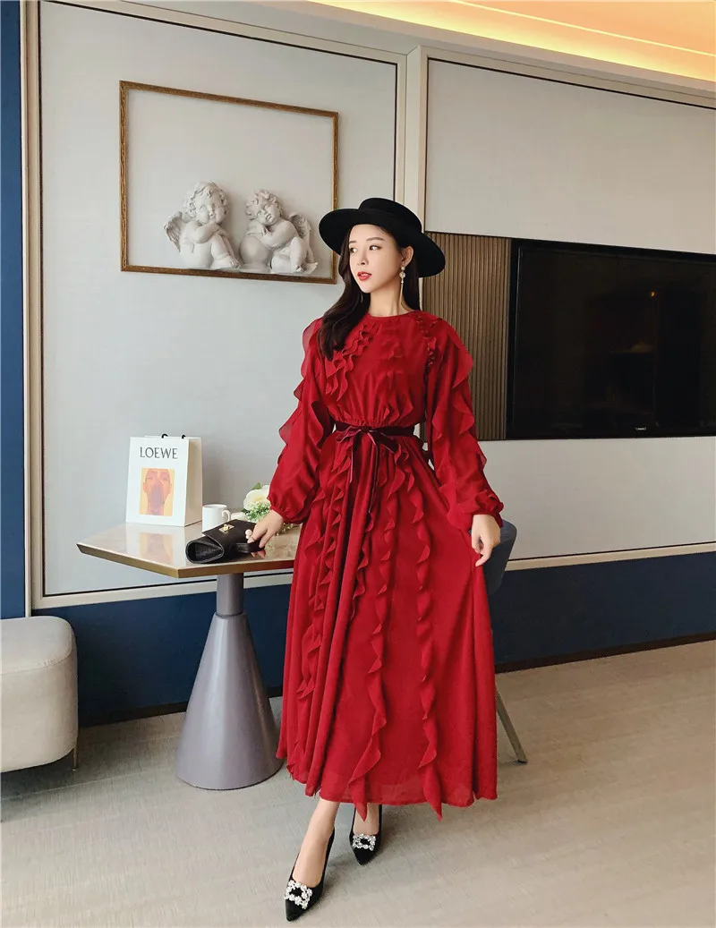 JSXDHK дизайнерские взлетно-посадочной Для женщин Вечерние Длинное платье осень-зима шифоновыми оборками красный Фонари рукав женское, элегантное платье, платье с поясом Макси платья