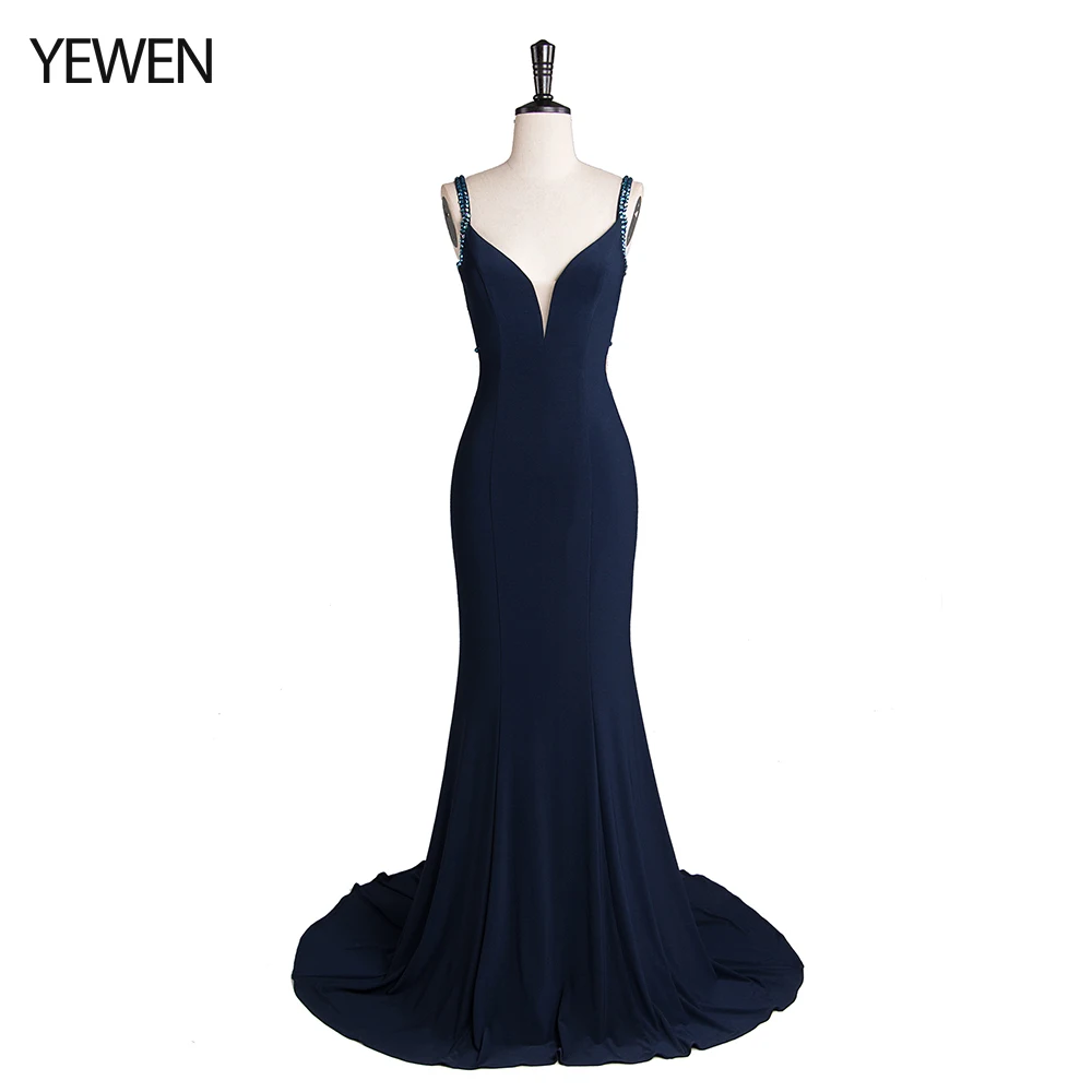 

Sexy stretch satin Mermaid Evening Dresses Long V-Neck Sleeveless Blue Elegant Women Formal Party Dresses Vestidos De Gala 2019