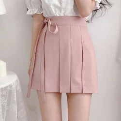 Ljsxls novo arco rosa rendas até uma linha de verão mini saia estilo coreano império plissado saias das mulheres sólida dobras roupas mulher 2021