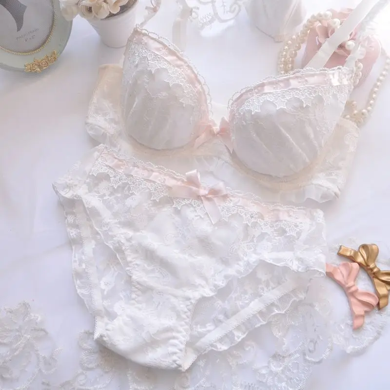 S для девочек-подростков милые наборы бюстгальтер+ трусы Full lace прозрачный воды растворимая вышивка в стиле "Лолита" Милое нижнее белье наборы нижнего белья бюстгальтер наборы для ухода за кожей