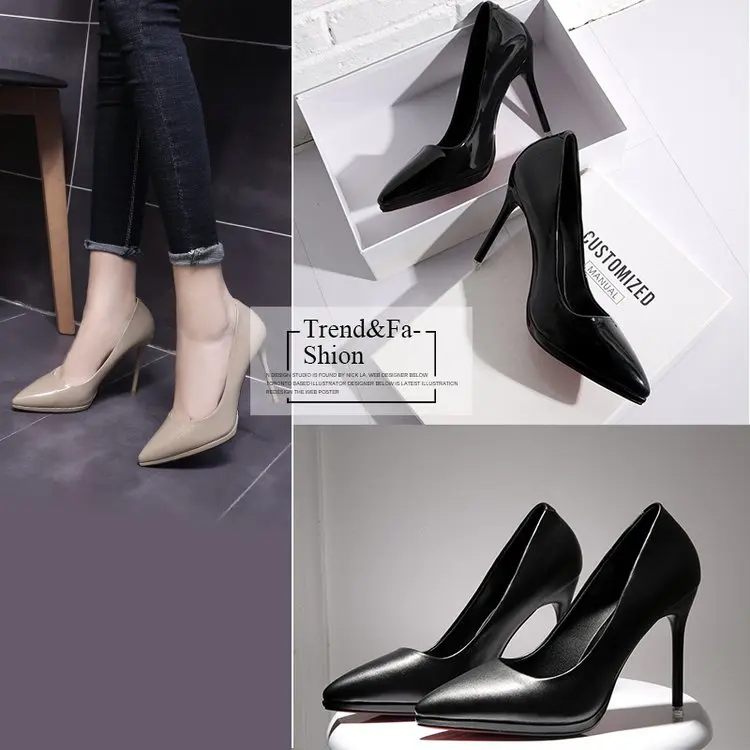 

Black Work Shoes Pointed Patent Leather Waterproof Platform High Heels Fashion Sexy Thin Heels Single Shoes Concise Elegant Pumps